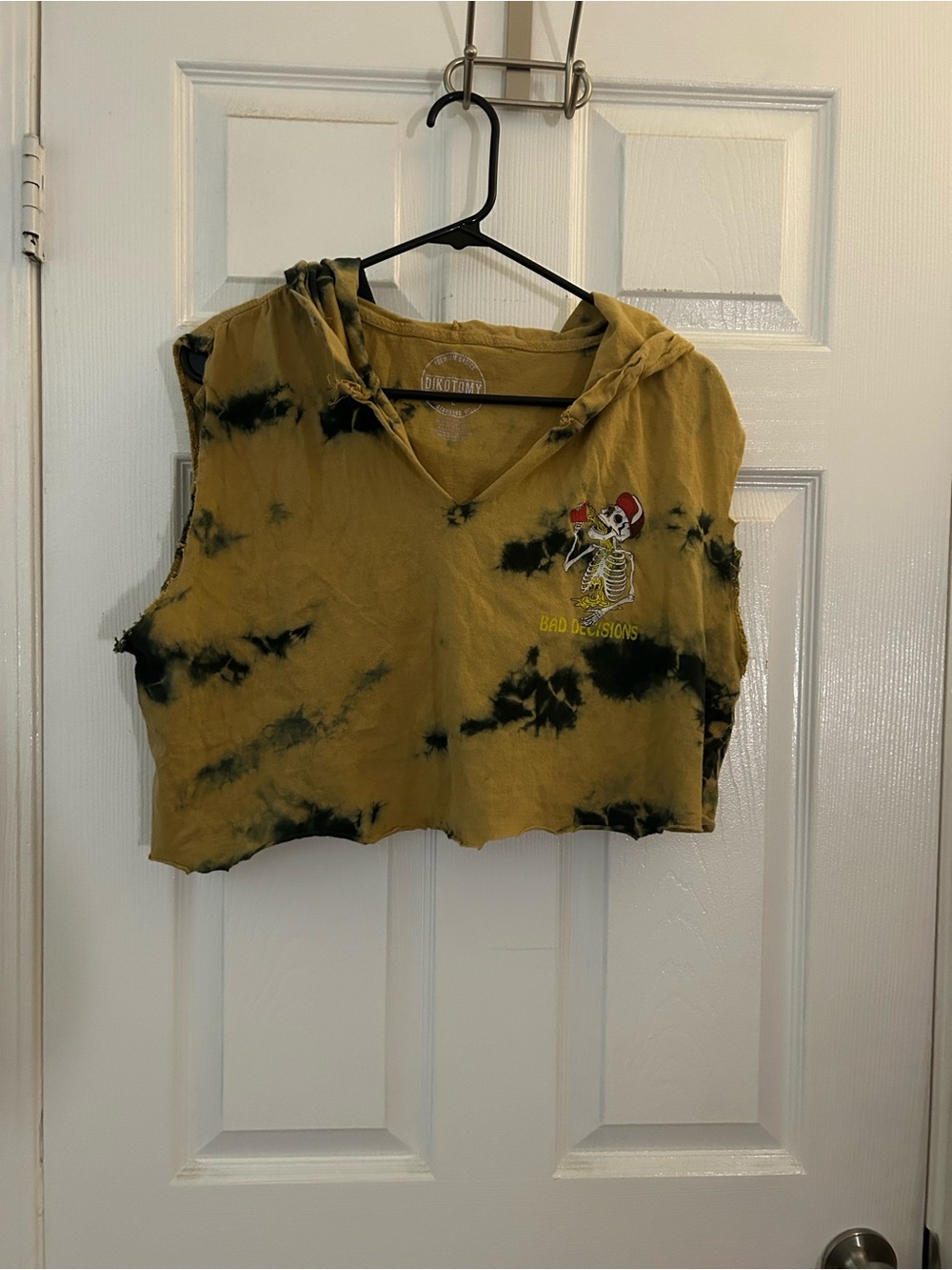 Tie-Dye Mustard Cropped Hooded Tank with Skeleton Patch